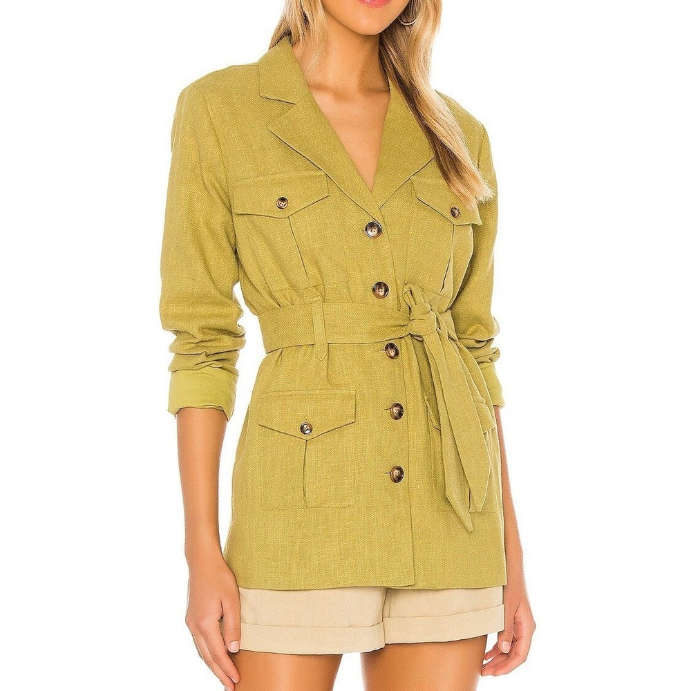 Lovers + Friends Hudson Jacket Size Small Sage Green Linen Safari Utility Belted